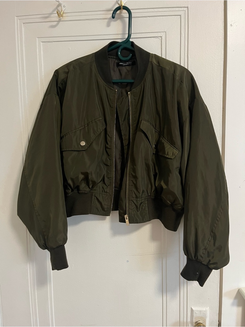 Cropped Bomber Jacket in Olive Green